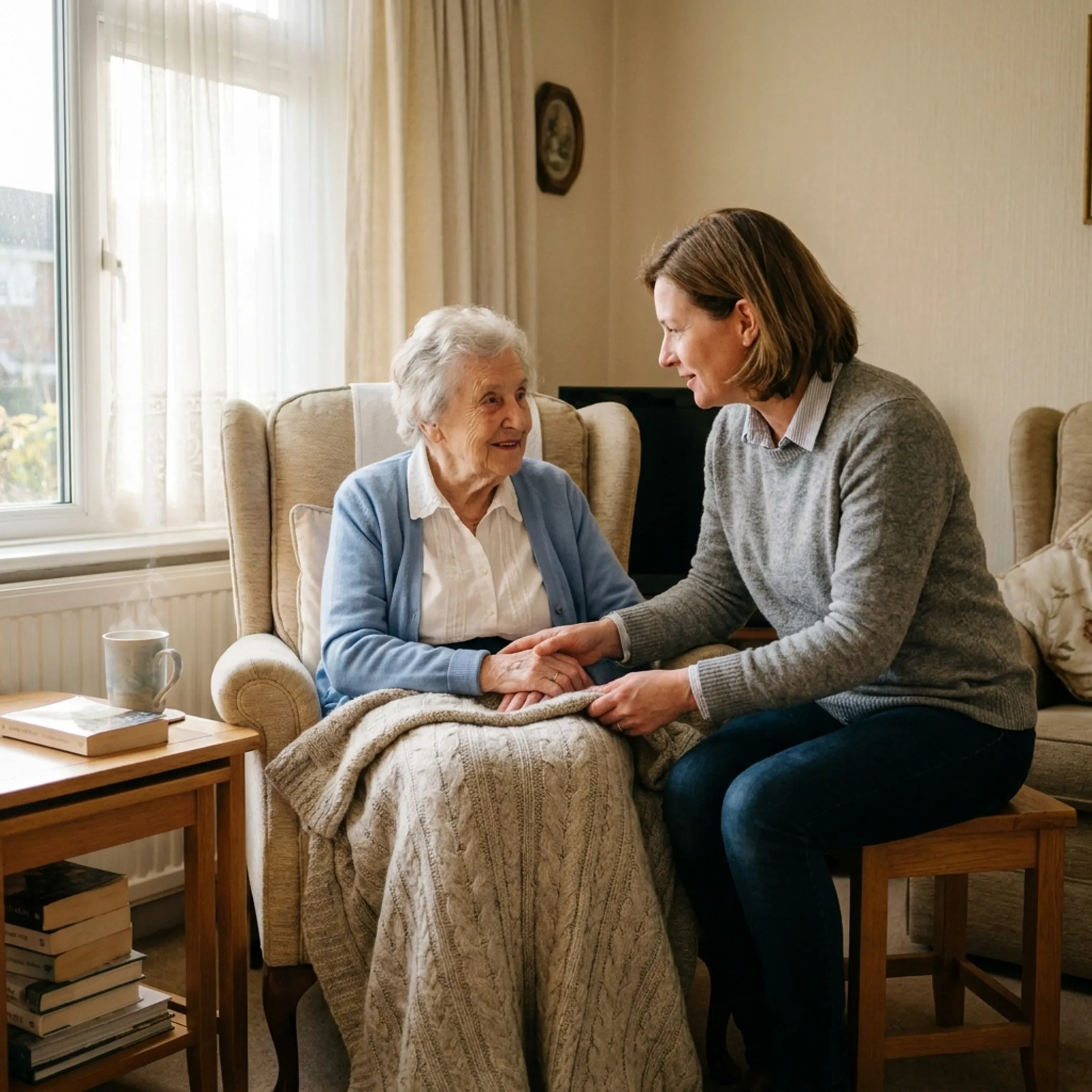 Caregiver assisting an elderly family member at home in a bright living room