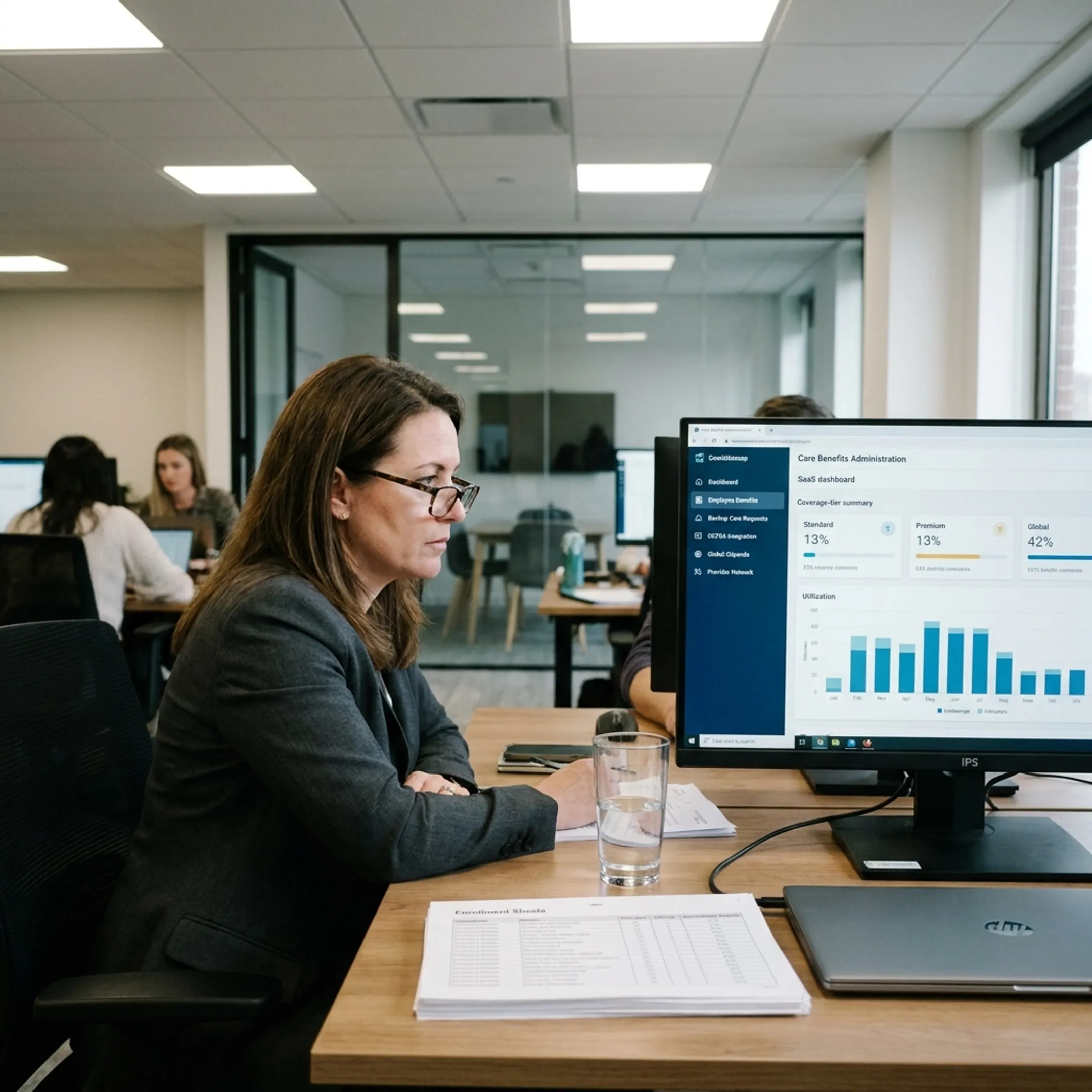 HR leader reviewing employee family care navigation platform on desktop