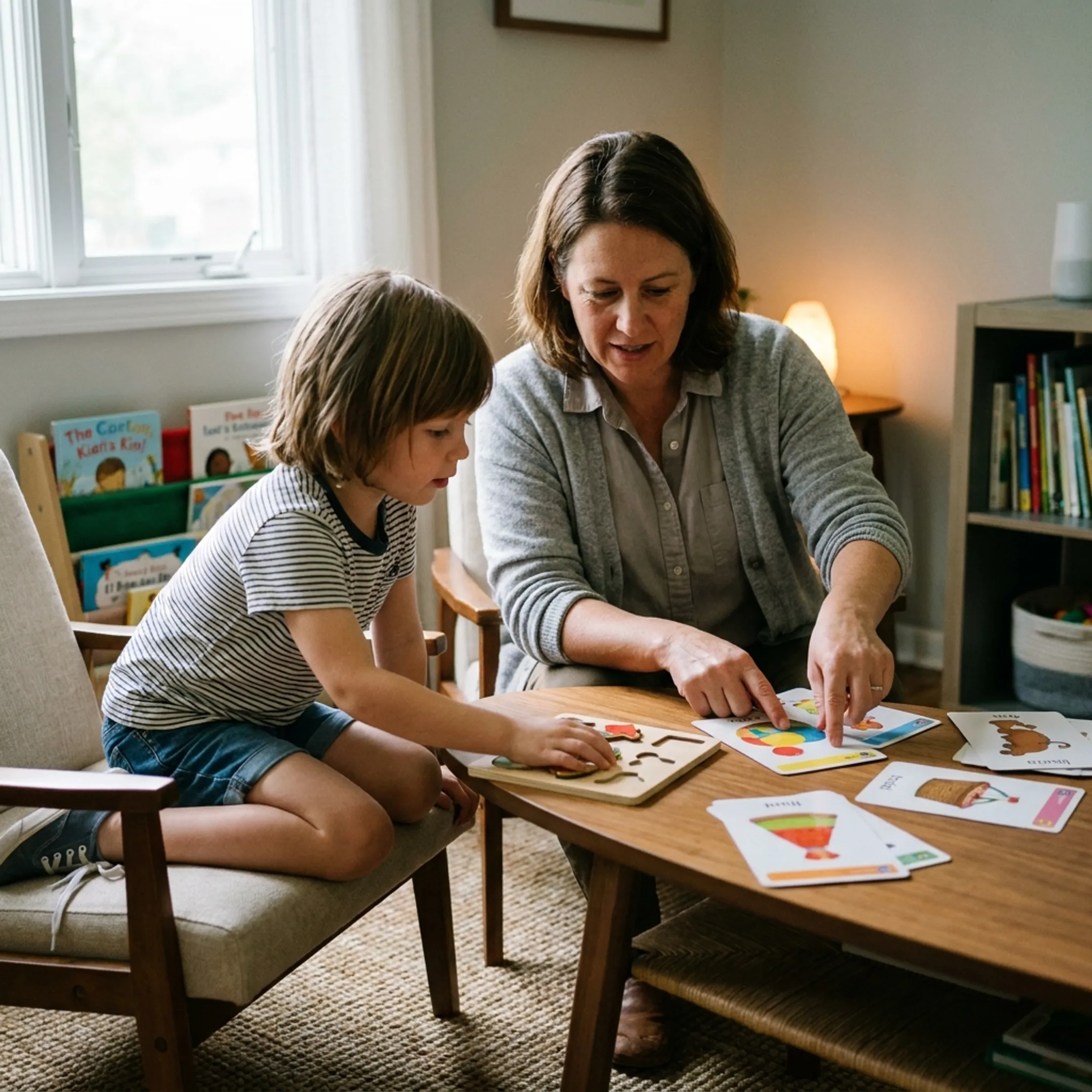 Care professional assisting a child with specialized learning tools