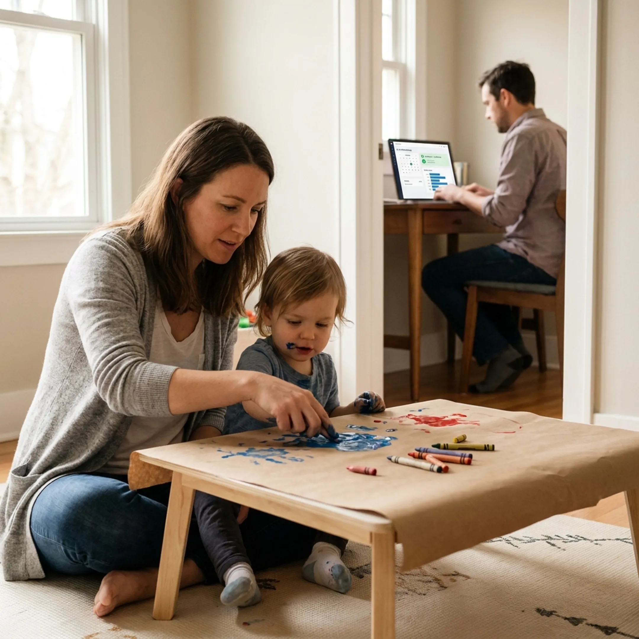 Caregiver engaging in educational activities with a toddler at home