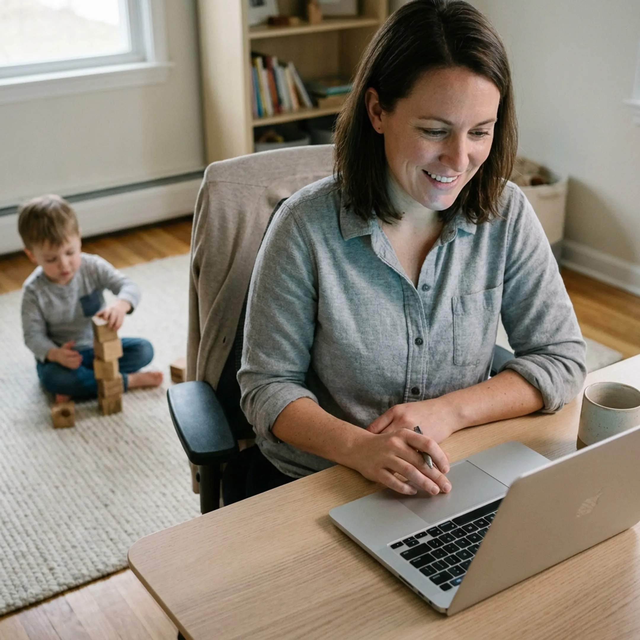 Working parent collaborating at a desk while their child plays nearby happily