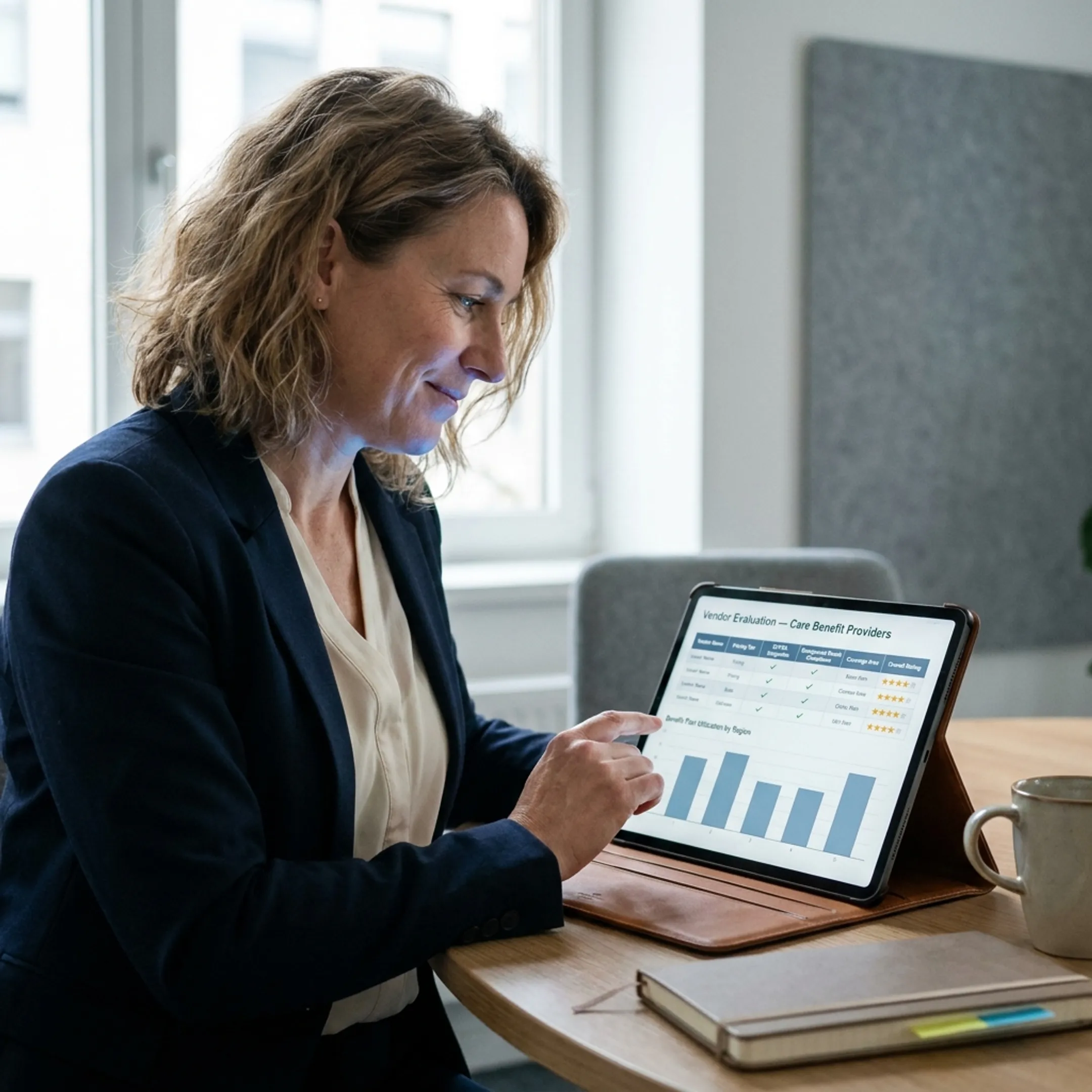 Human resources executive evaluating backup care vendor comparison metrics