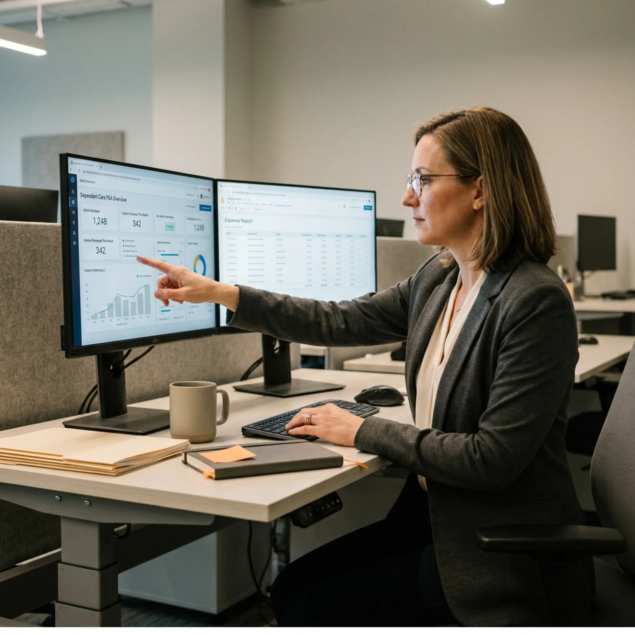 Benefits administrator reviewing dependent care reimbursement analytics