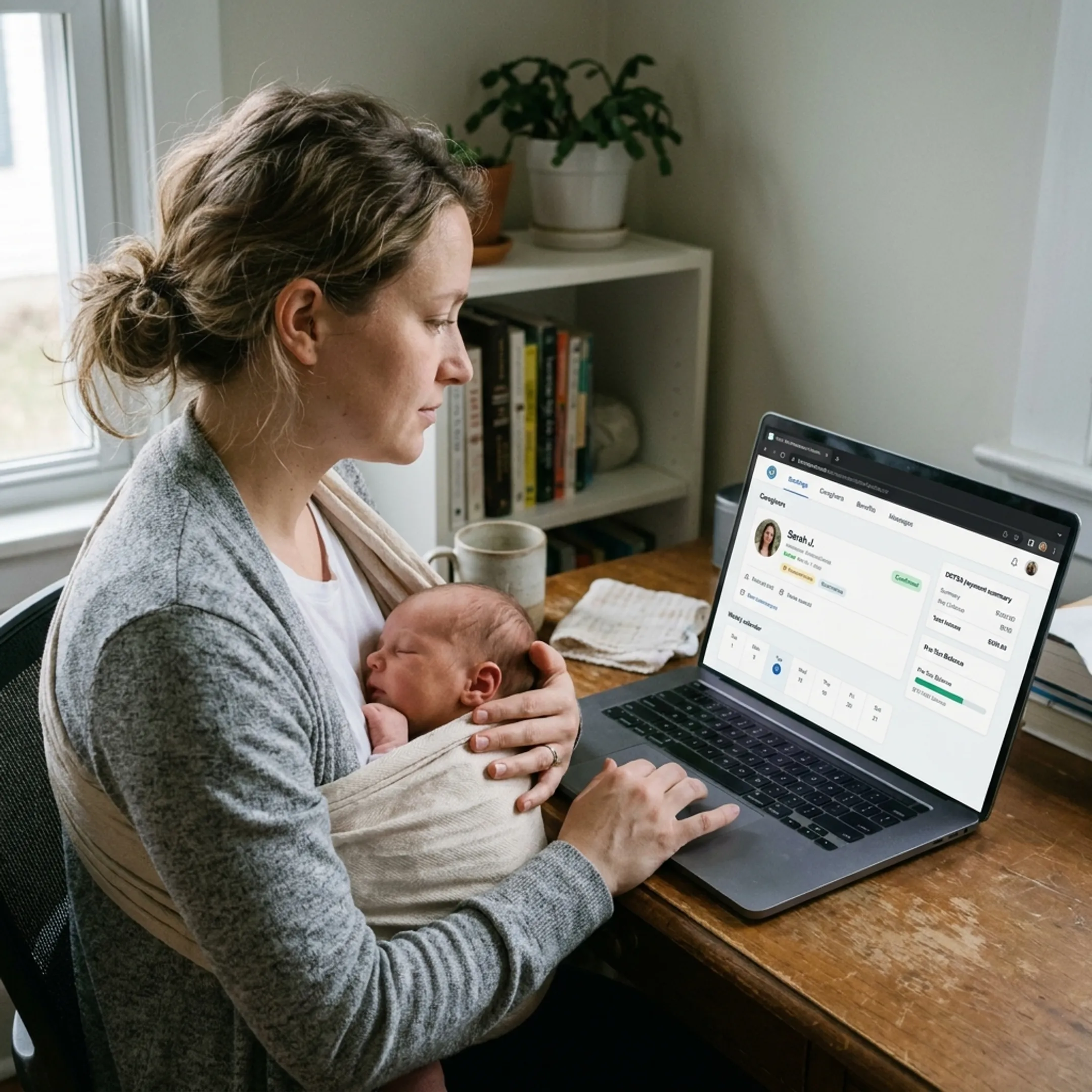 Working parent holding a newborn baby while reviewing company family benefits