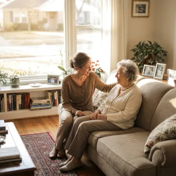 Senior companion sitting with elderly adult at home
