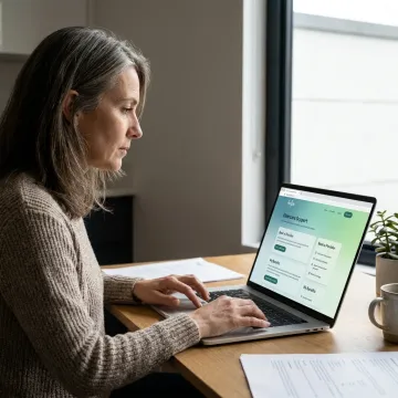 Employee arranging elder care support on a laptop