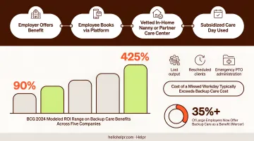 Employer backup care ROI statistics ranging from 90 to 425 percent comparison infographic