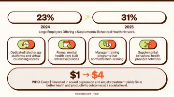 Mental health benefits adoption rates and ROI statistics comparison infographic 2024 to 2025