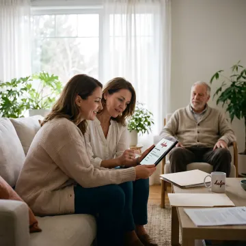 Care coordinator helping family plan senior home care