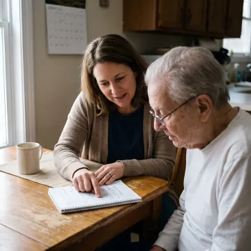 Caregiver supporting an elderly adult at home