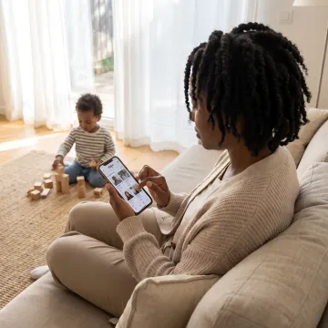 Parent using childcare app with child nearby
