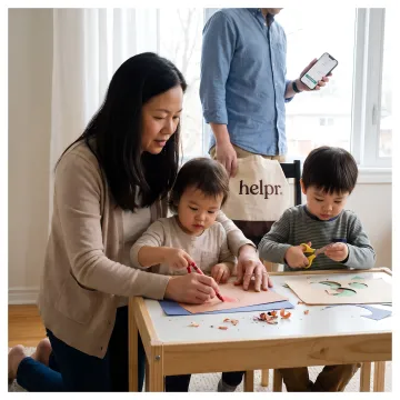 Caregiver supporting children in a bright daycare room