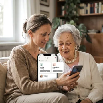 Adult child helping senior parent at home