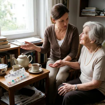 Senior caregiver supporting an older adult at home