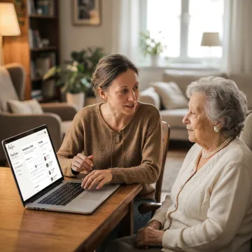 Employee arranging elder care support on a laptop