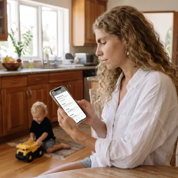 Working parent using a childcare benefits app at home