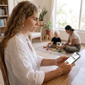 Working parent using a child care app