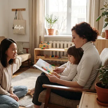 Parent and child learning together with caregiver
