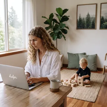 Parent working from home while child plays nearby
