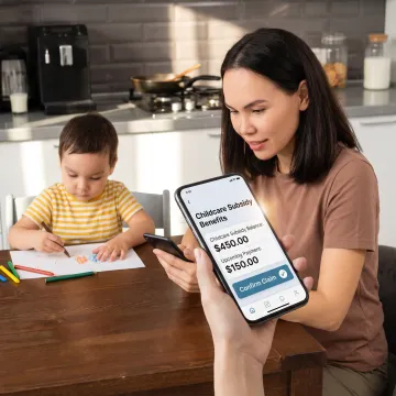 Parent using a phone to manage child care benefits