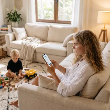 Working parent and child using a childcare support app