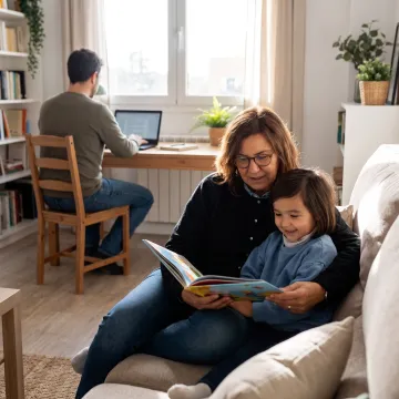 Caregiver reading with child while parent works