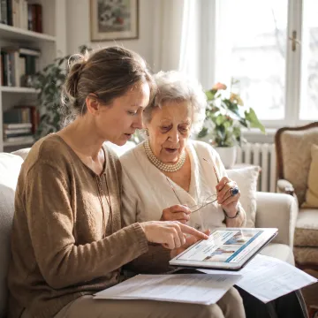 Adult daughter supporting her elderly parent at home