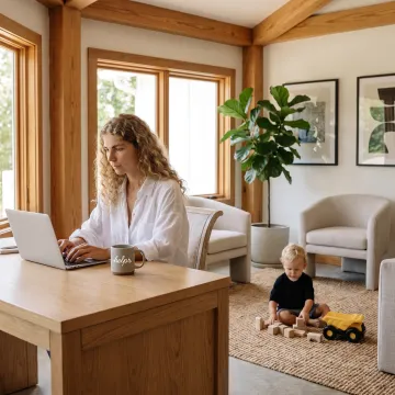 Parent working from home while child plays nearby