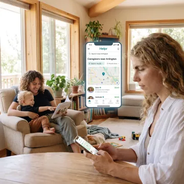 Working parent using child care app at home