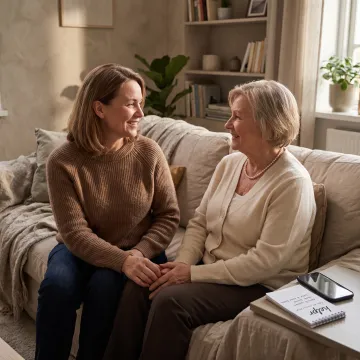 Adult daughter checking in with her older mother at home