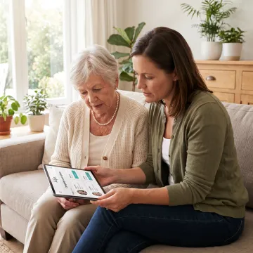 Family discussing senior companion care options