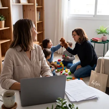 Working parent receiving sitter support at home