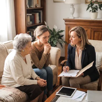 Family discussing eldercare support options