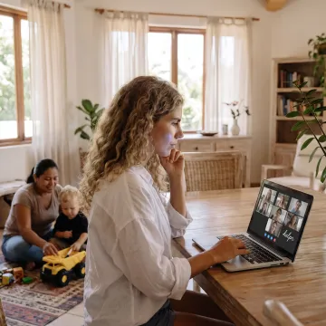 Working parent using care support while on a video call