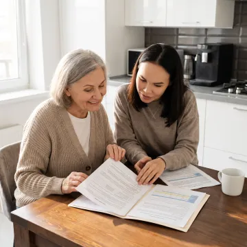 Adult daughter supporting her senior mother at home