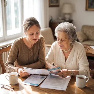 Adult daughter supporting her elderly mother at home