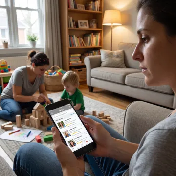 Working parent using a phone while a caregiver helps a child
