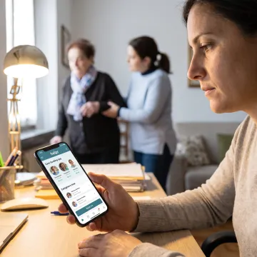 Working parent using a family care app
