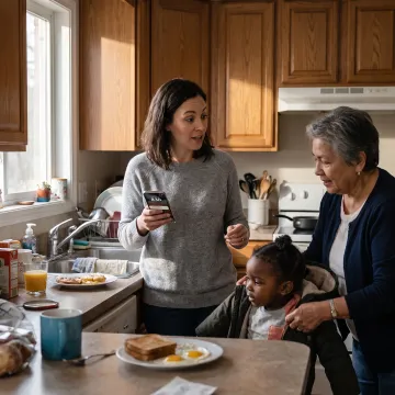 Parent using a phone to arrange childcare