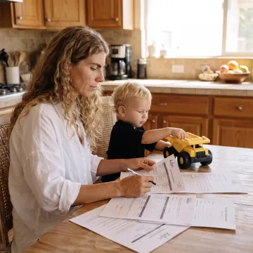 Parent reviewing childcare options with a young child