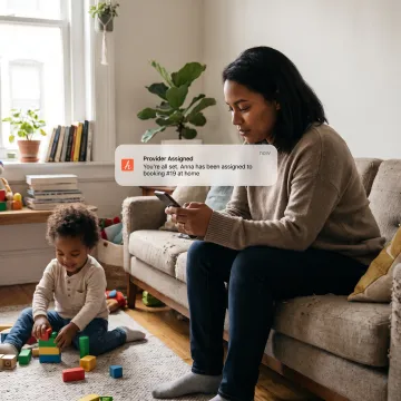 Working parent using a family care benefits app