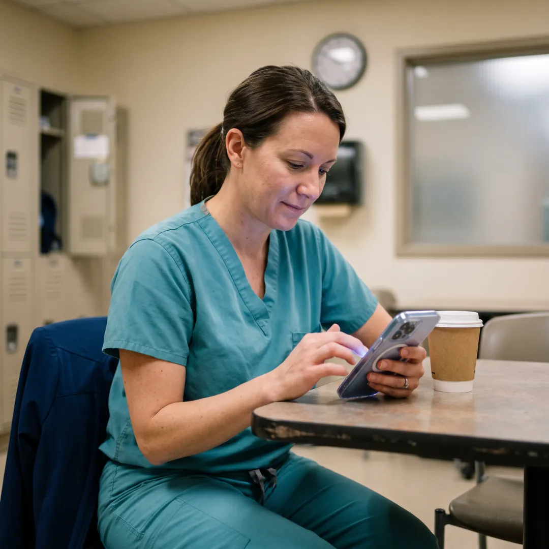 Nurse arranging family care on a phone