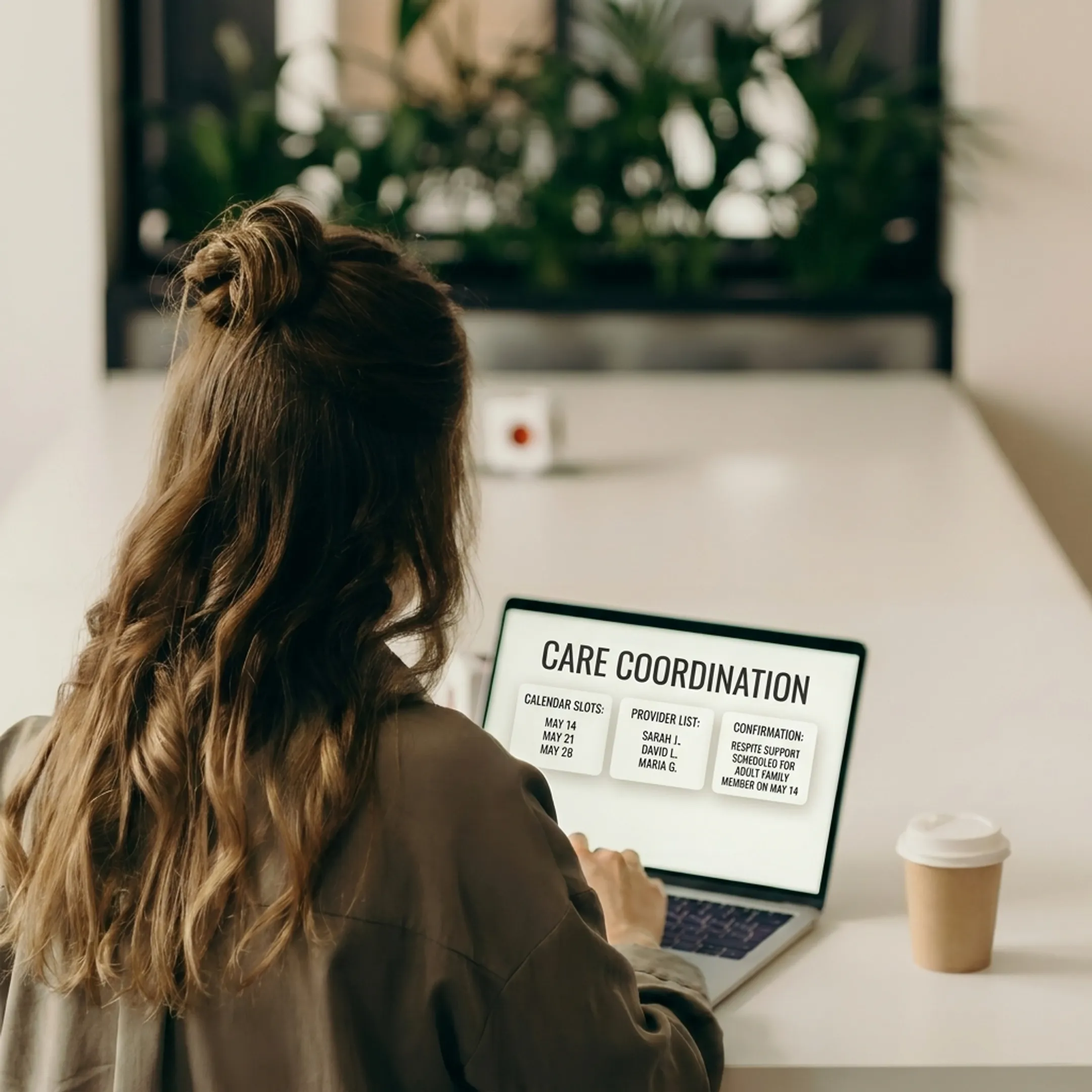 Working professional coordinating family respite care through a mobile device