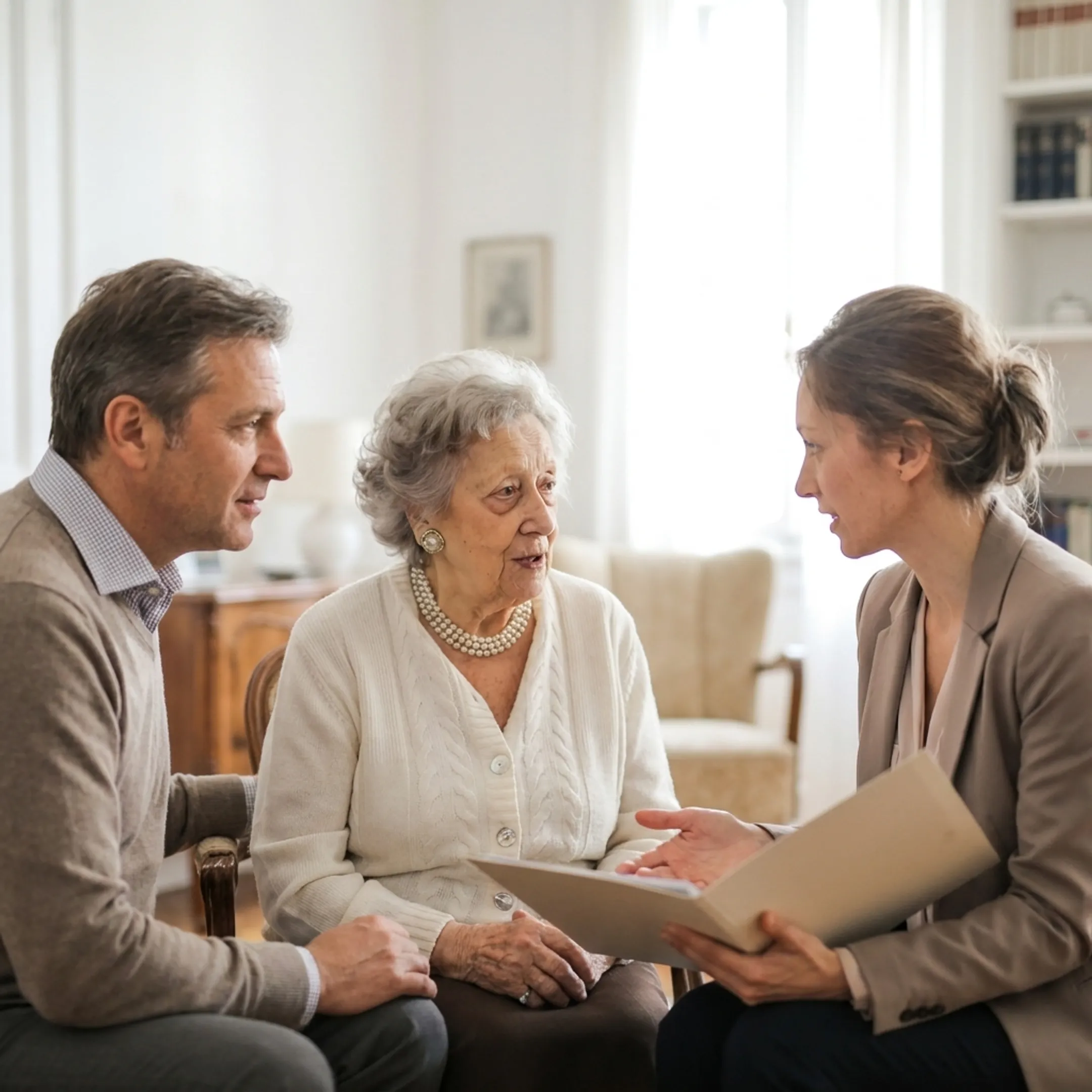 Care specialist assisting an elderly individual and family caregiver with care planning