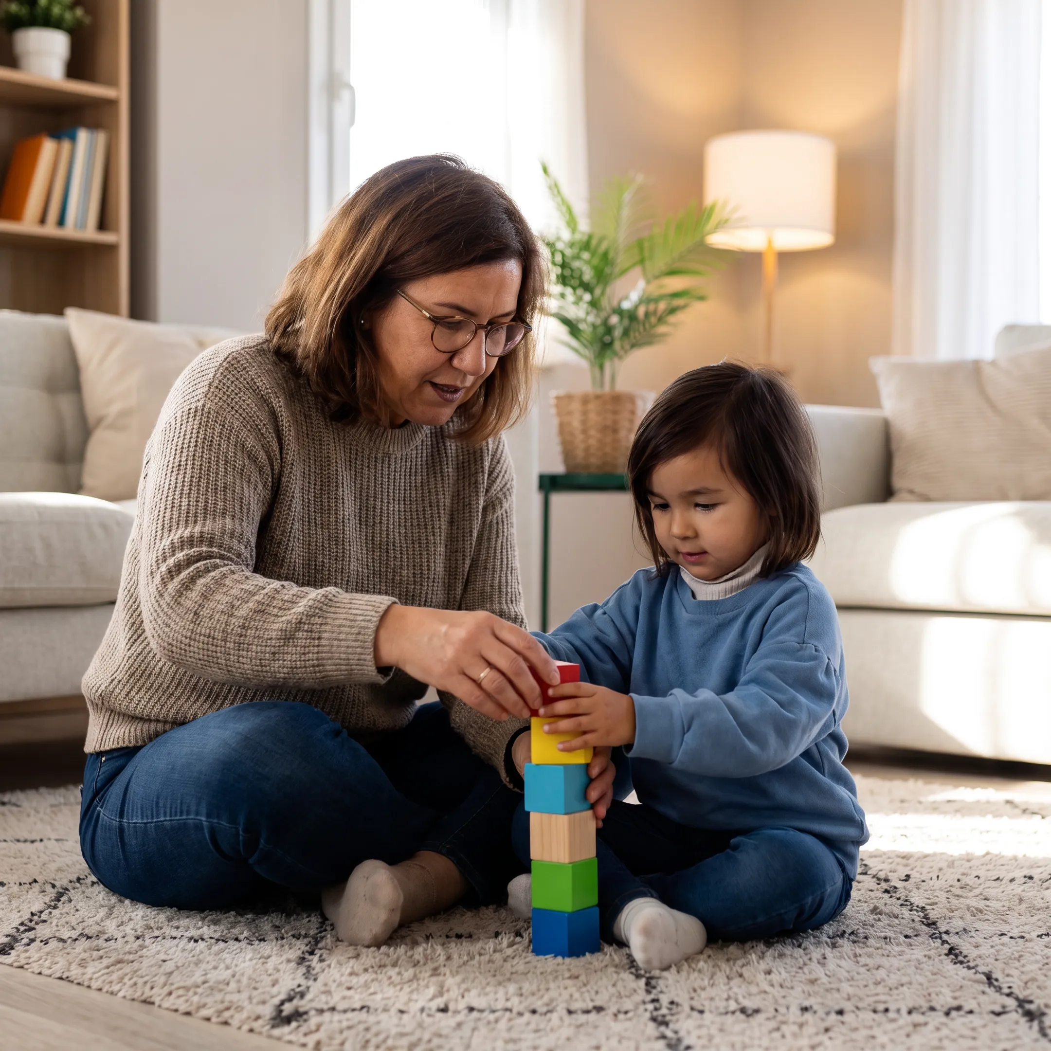 Caregiver engaging in supportive activities with a child at home