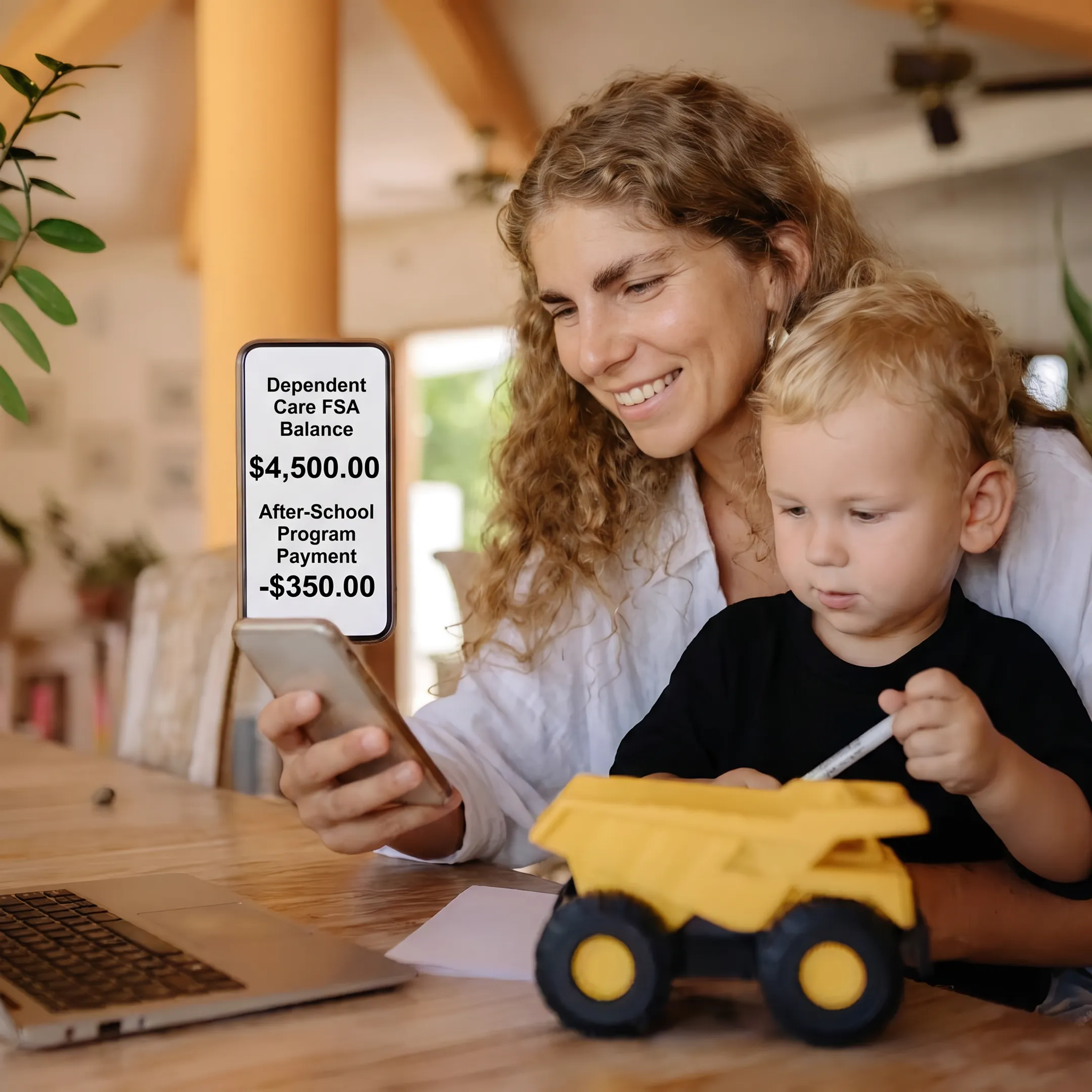 Parent using a smartphone app to manage dependent care payments for after-school care