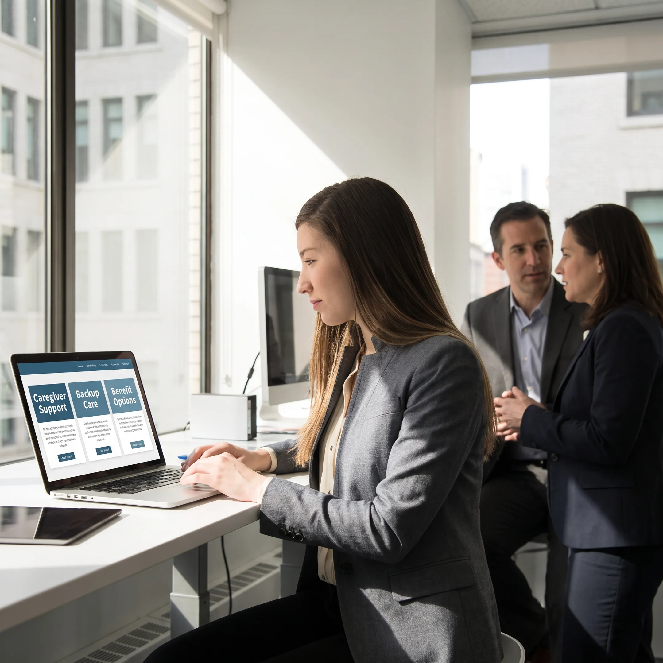 Professional human resources executive reviewing modern employee caregiver benefits and corporate workforce programs on a laptop screen.