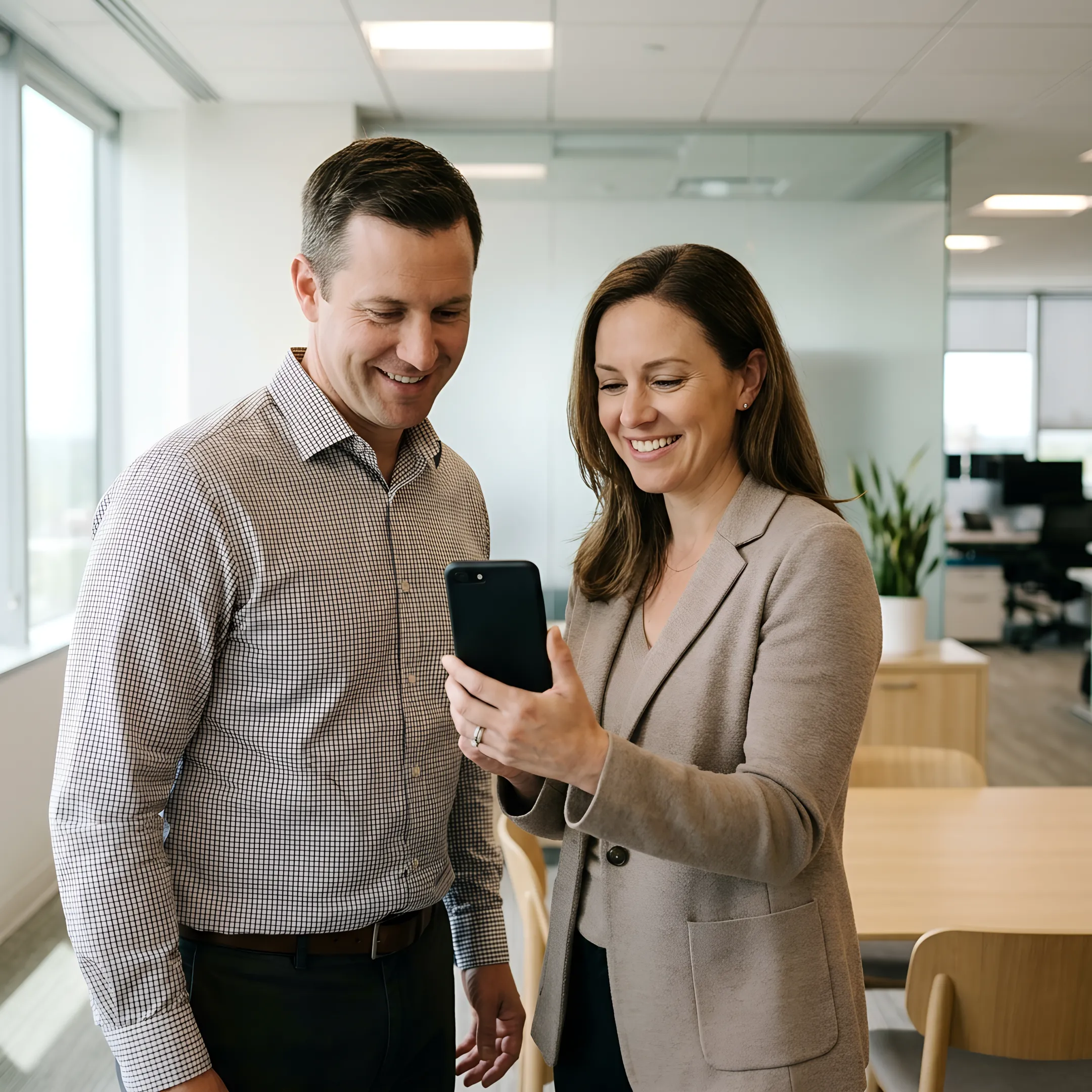 Working parents collaborating in a modern office environment while accessing corporate childcare benefits