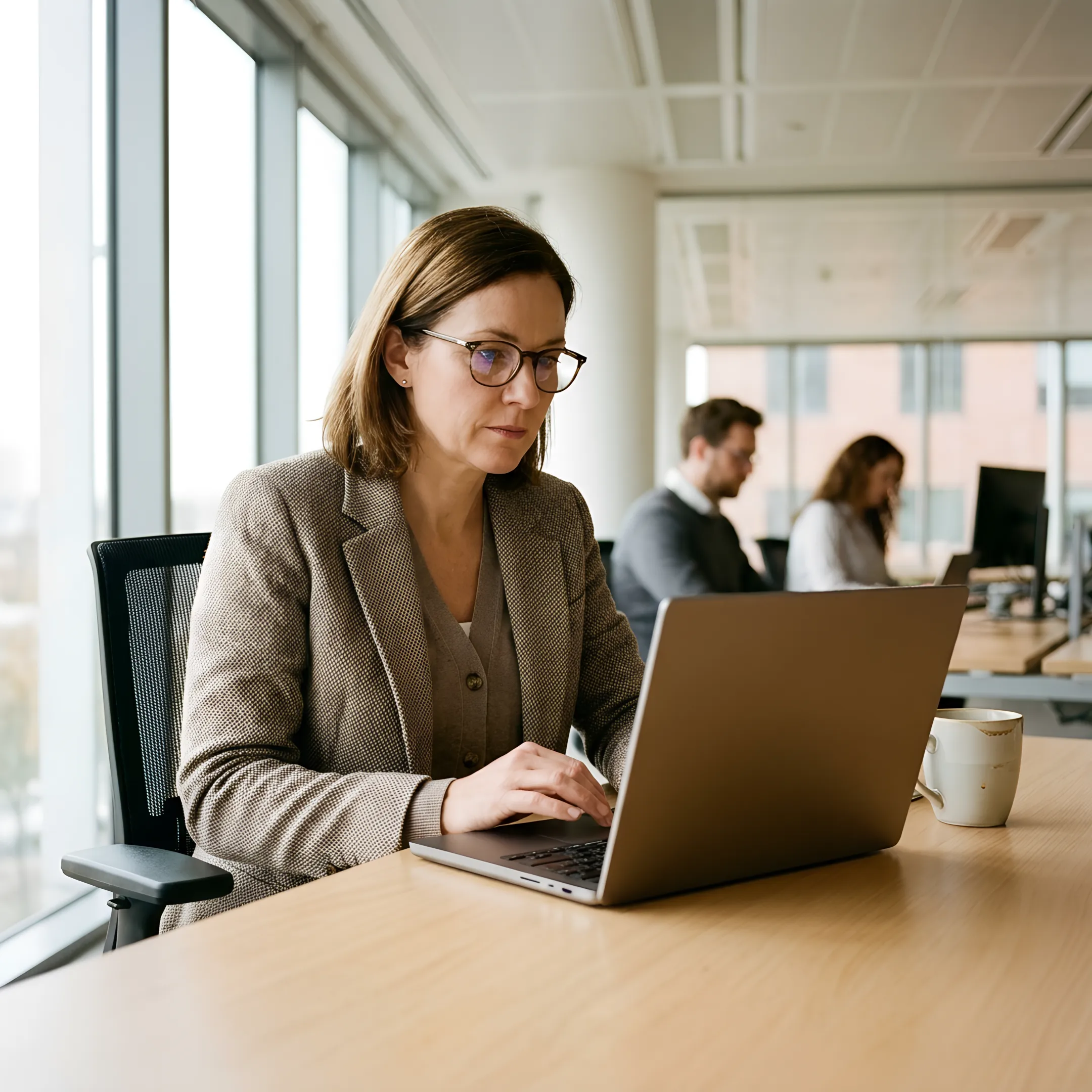 Professional human resources executive reviewing modern employee caregiver benefits and corporate workforce programs on a laptop screen.
