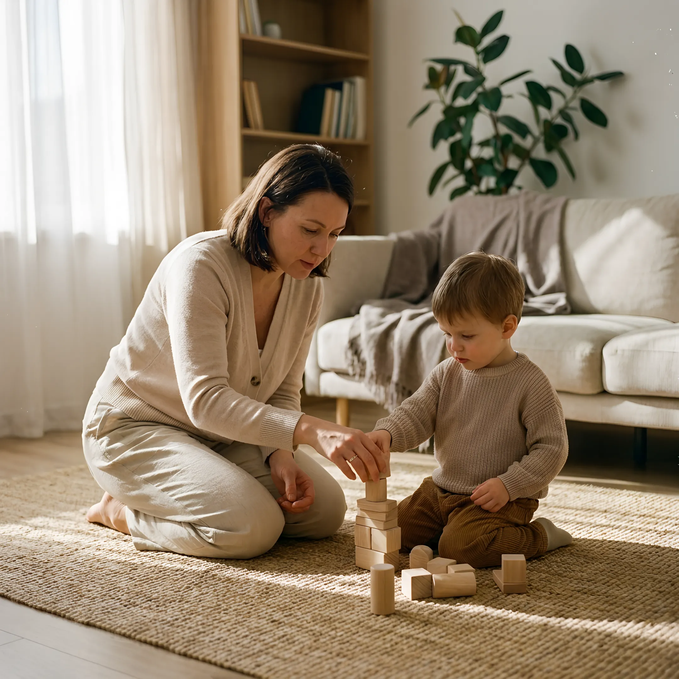 Caregiver engaging in supportive activities with a child at home